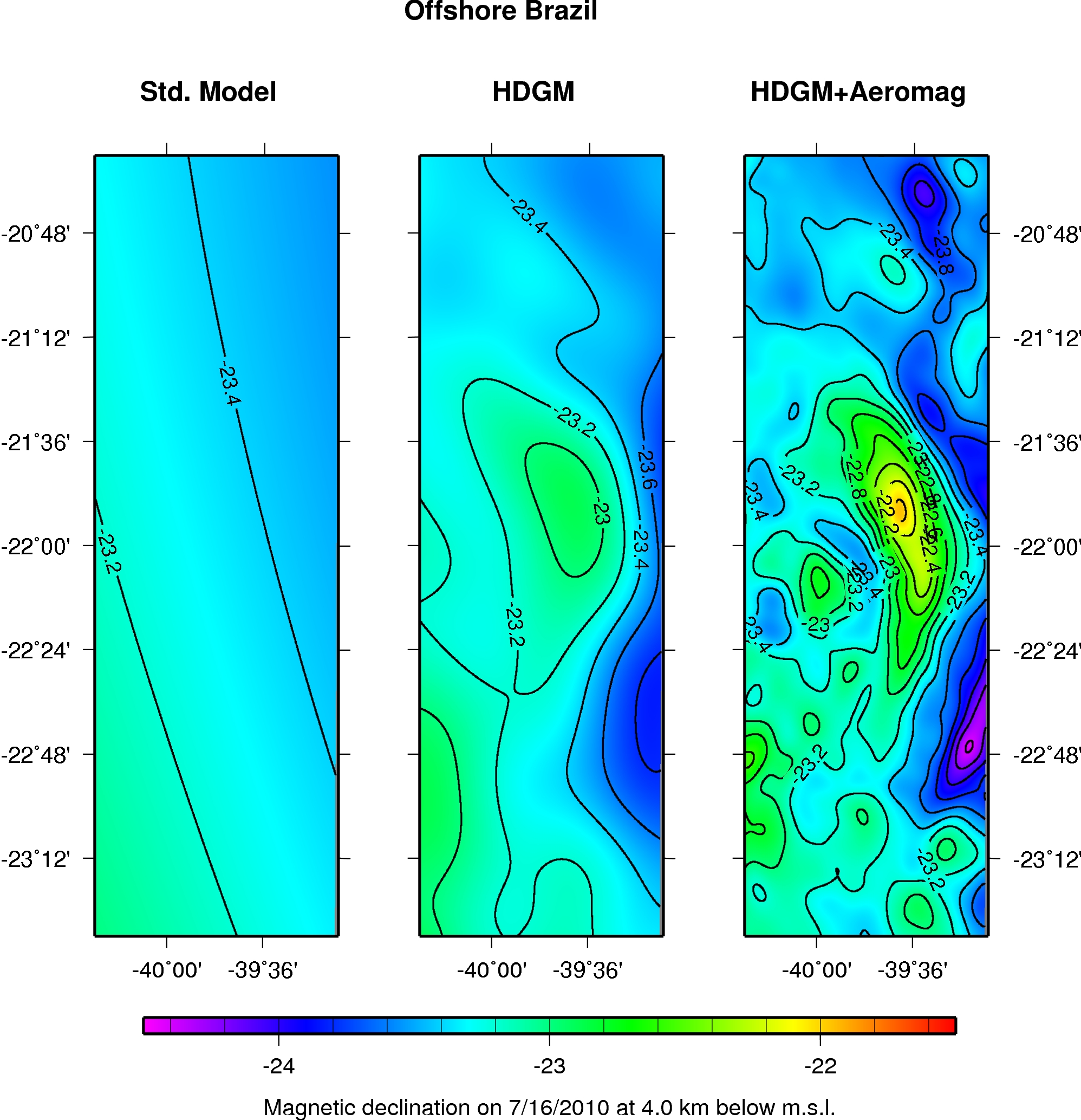 Declination contour maps that compare HDGM to global magnetic field models