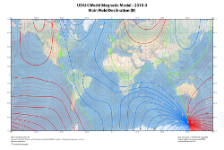 Declination contour map in mercator projection Declination contour map in mercator projection