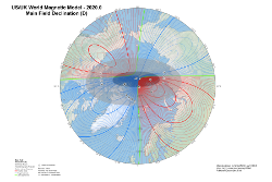 Magnetic Declination at 2020.0 from the World Magnetic Model Arctic Projection