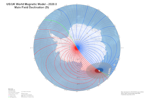 map of declination and blackout zone in the Antarctic 2020