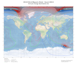 Change in Magnetic Declination at 2020.0 from the World Magnetic Model