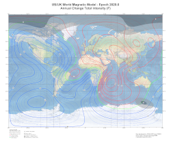 Change in Magnetic Total Field at 2020.0 from the World Magnetic Model