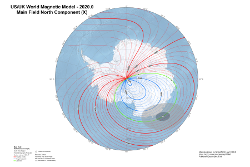 Magnetic North Component at 2020.0 from the World Magnetic Model Antarctic Projection