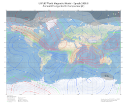 Change in Magnetic North Component at 2020.0 from  the World Magnetic Model