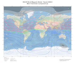 Magnetic Vertical Intensity at 2020.0 from the World Magnetic Model
