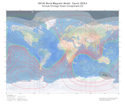 Change in Magnetic Vertical Intensity at 2020.0 from  the World Magnetic Model