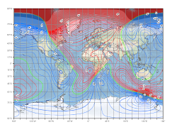 Change in declination from 2010.0 to 2020.0 from the World Magnetic Model Antarctic Projection
