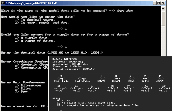 Example Screen from GEOMAG program