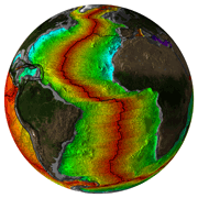 age grid globe of Atlantic created by NGDC with satellite land overlay