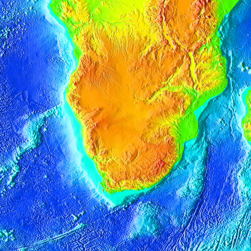 color shaded relief image, 45 degree square area of latitude/longitude centered on 0 North 0 East