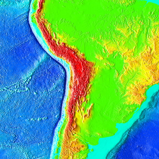 color shaded relief image, 45 degree square area of latitude/longitude centered on 0 North 90 West