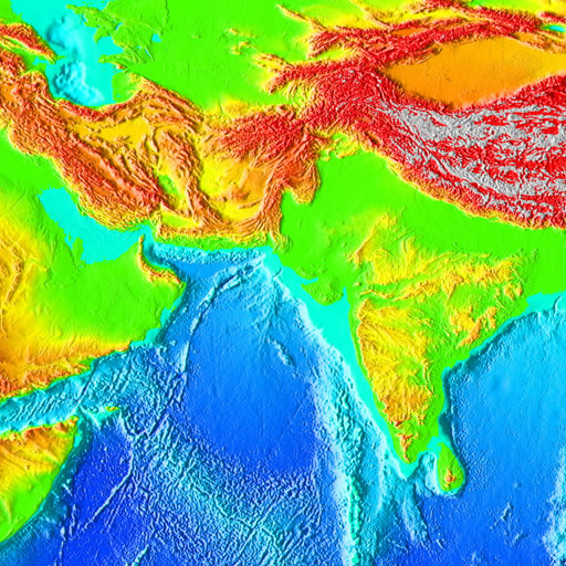 color shaded relief image, 45 degree square area of latitude/longitude centered on 45 North 45 East