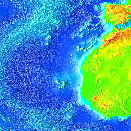 color shaded relief image, 45 degree square area of latitude/longitude centered on 45 North 45 West