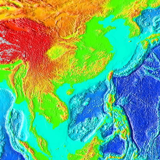 color shaded relief image, 45 degree square area of latitude/longitude centered on 45 North 90 East