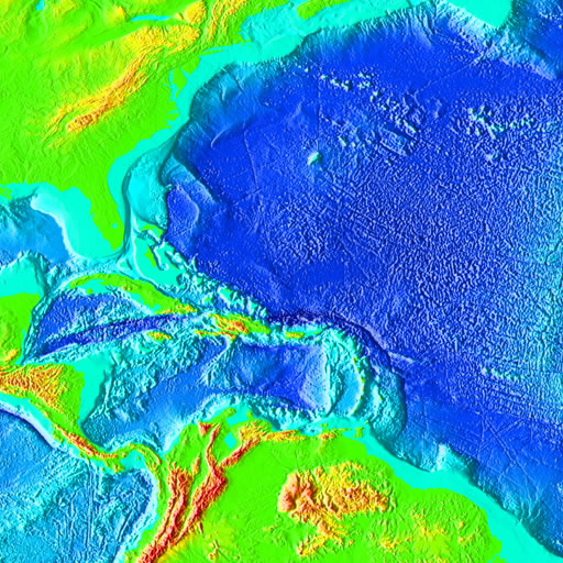 color shaded relief image, 45 degree square area of latitude/longitude centered on 45 North 90 West