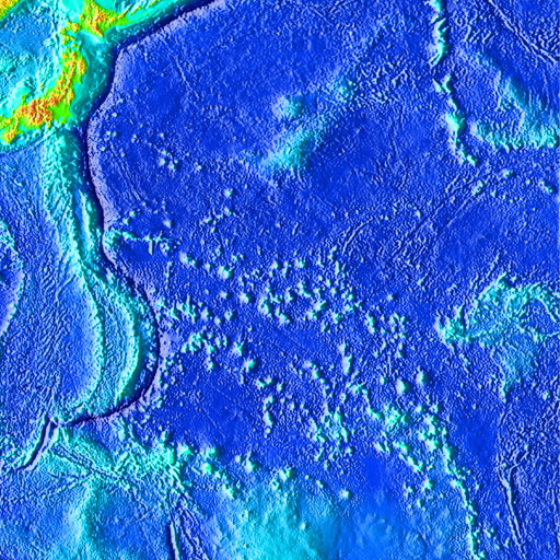color shaded relief image, 45 degree square area of latitude/longitude centered on 45 North 135 East