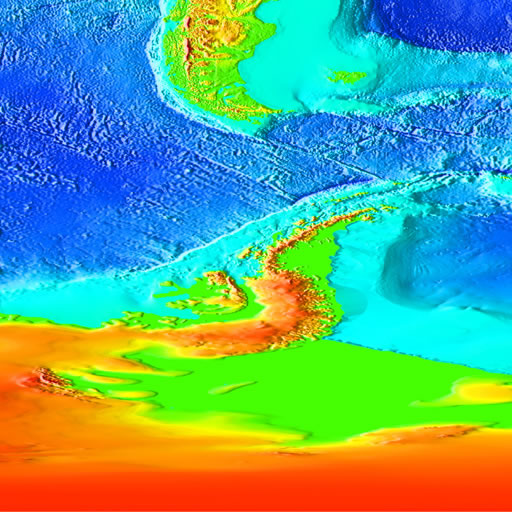 color shaded relief image, 45 degree square area of latitude/longitude centered on 45 South 90 West