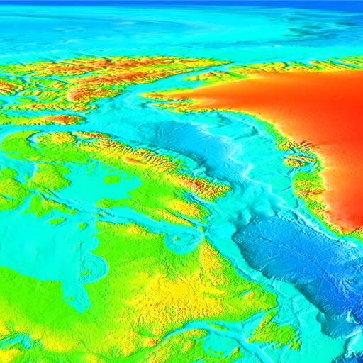 color shaded relief image, 45 degree square area of latitude/longitude centered on 90 North 90 West
