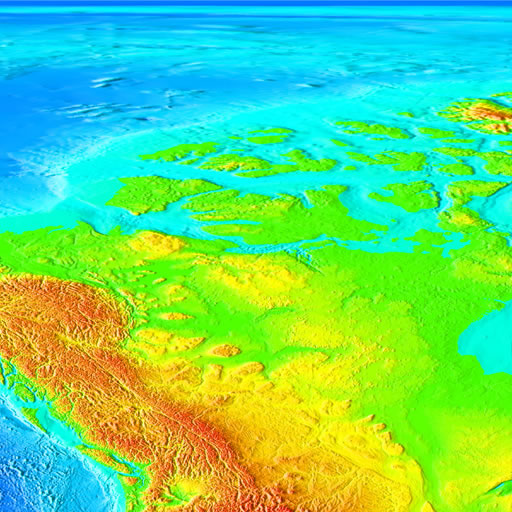 color shaded relief image, 45 degree square area of latitude/longitude centered on 90 North 135 West