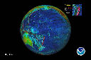 view color relief globe centered on the Pacific Ocean showing the Pacific Ring of Fire.